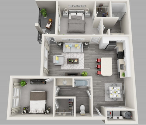 A 3D floor plan of a small apartment with a kitchen, living room, and bedroom.
